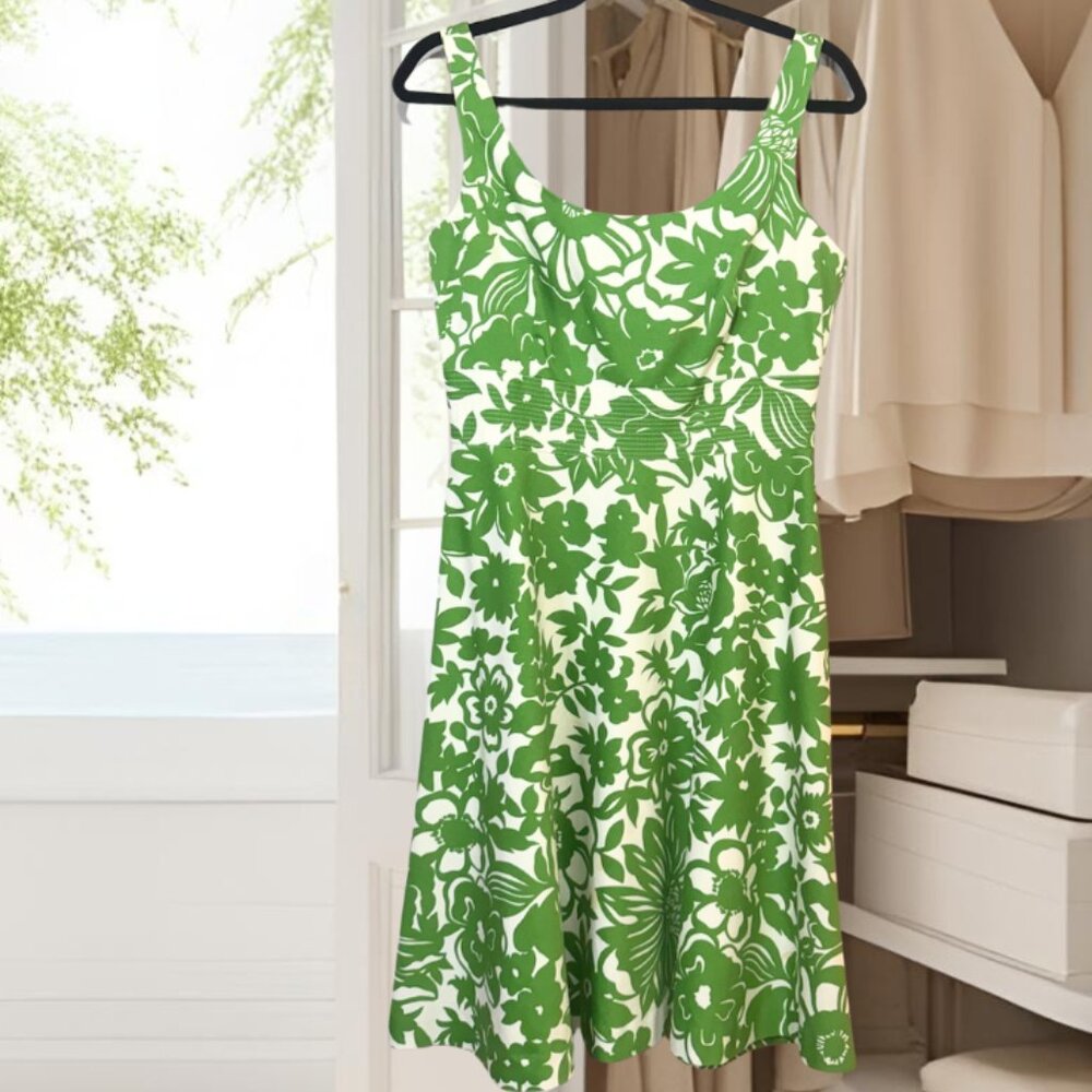 Donna Ricco Green White Floral A-Line Dress • 100% Cotton • 8P Petite